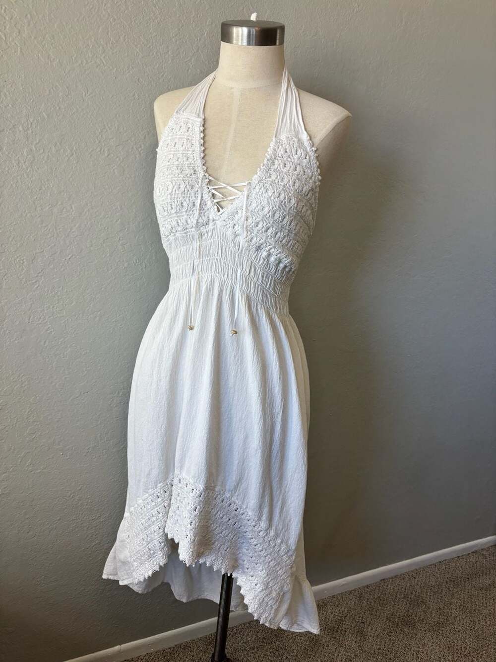 Sea Spice Resort Wear White 100% Peruvian Cotton Crochet Halter Midi Dress